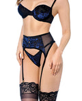 Mapale Floral Mesh Underwire Top w/G-String & Garter Belt 3 pc Set - Black/Blue L/XL - Image 3