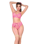 Mapale Sheer Lace Underwire Top w/Panty & Garter 3 pc Set - Pink L/XL