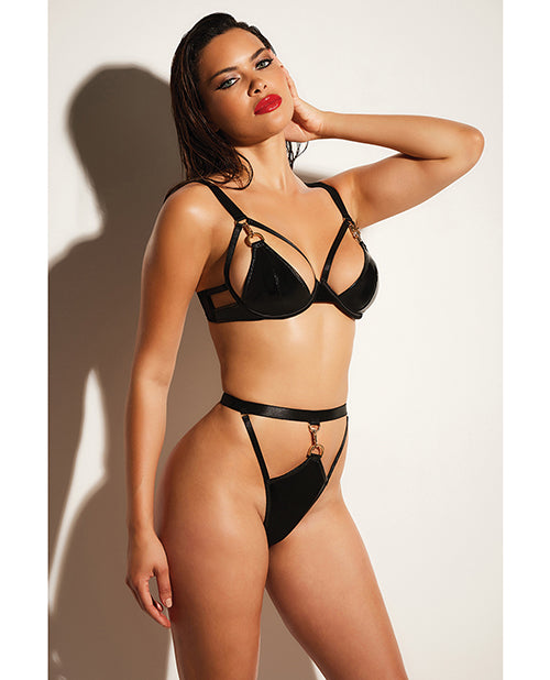 Fetish by Oh la la Cheri FETISH Excitement Unlined Underwire Vinyl Bra & Panty w/D-Ring & Metal Clasp Black SM