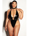 Fetish by Oh la la Cheri FETISH Submissive V-Plunge Vinyl Teddy w/Removable Chain Harness & Hand Cuff Black 1X/2X