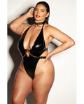 Fetish by Oh la la Cheri FETISH Submissive V-Plunge Vinyl Teddy w/Removable Chain Harness & Hand Cuff Black 1X/2X - Image 2