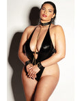Fetish by Oh la la Cheri FETISH Submissive V-Plunge Vinyl Teddy w/Removable Chain Harness & Hand Cuff Black 1X/2X - Image 3
