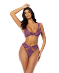 Oh La La Cheri Evrice Lace and Mesh Underwire Bra w/Thong - Purple L/XL