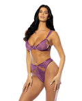 Oh La La Cheri Evrice Lace and Mesh Underwire Bra w/Thong - Purple L/XL - Image 2