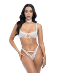 Oh La La Cheri Pearla Lace Underwire Bra & Open Back Panty w/Matching Collar 3 pc Set - White S/M