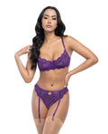 Oh La La Cheri Margo Lace & Mesh Underwire Bra w/Gartered Panty 2 pc Set - Imperial Purple L/XL