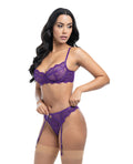 Oh La La Cheri Margo Lace & Mesh Underwire Bra w/Gartered Panty 2 pc Set - Imperial Purple L/XL - Image 2