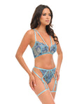Oh La La Cheri Emilia Floral Embroidered 2 pc Set w/Strapping Details & Attached Double Garter - Blue LG - Image 2