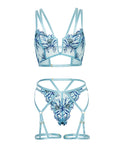 Oh La La Cheri Emilia Floral Embroidered 2 pc Set w/Strapping Details & Attached Double Garter - Blue LG - Image 5