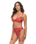 Oh La La Cheri Mariah Embroidered Lace and Mesh Underwire Bra w/Garter & G-String 3 pc Set - Burgundy LG - Image 2