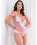 Oh La La Cheri Cassandra Lace & Mesh Teddy w/Ruffle Details - Pink & White LG - Image 4