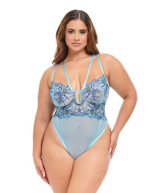 Oh La La Cheri Emilia Floral Embroidered Teddy - Blue 2X