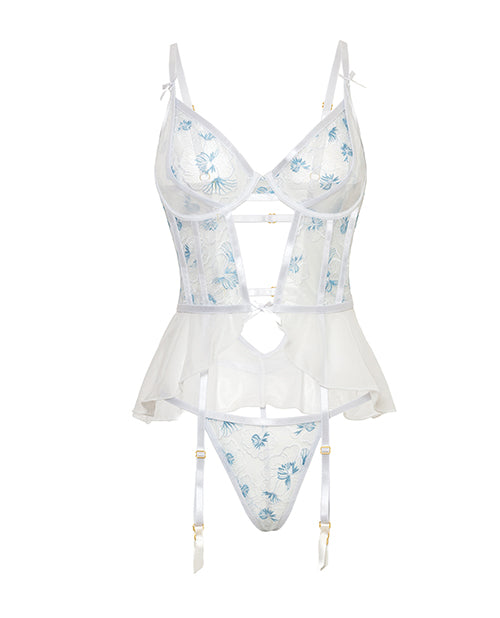 Oh La La Cheri Elena Floral Embroidered Bustier w/Ruffles & Matching Panty - White 1X