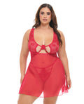 Oh La La Cheri Tiana Lace Babydoll w/Side Slits & Strap Details - Red 1X/2X