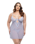Oh La La Cheri Elsie Lace & Mesh Underwire Babydoll w/G-String 2 pc Set - Brunnera Blue 1X/2X