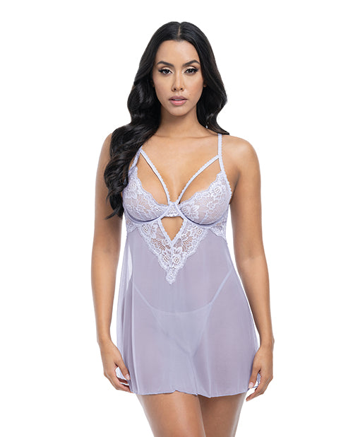 Oh La La Cheri Elsie Lace & Mesh Underwire Babydoll w/G-String 2 pc Set - Brunnera Blue L/XL