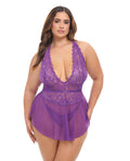 Oh La La Cheri Harmony V-Plunge Lace & Mesh Babydoll w/G-String - Purple 1X/2X - Image 3