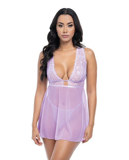 Oh La La Cheri Stassi Lace & Mesh Babydoll w/G-String 2 pc Set - Lavender L/XL
