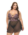 Oh La La Cheri Adela Embroidered Boned Lace and Mesh Babydoll w/G-String 2 pc Set - Black/Pink 2X