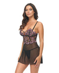 Oh La La Cheri Adela Embroidered Boned Lace and Mesh Babydoll w/G-String 2 pc Set - Black/Pink LG - Image 2