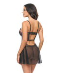 Oh La La Cheri Adela Embroidered Boned Lace and Mesh Babydoll w/G-String 2 pc Set - Black/Pink LG - Image 3