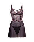 Oh La La Cheri Adela Embroidered Boned Lace and Mesh Babydoll w/G-String 2 pc Set - Black/Pink LG - Image 5