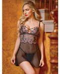 Oh La La Cheri Adela Embroidered Boned Lace and Mesh Babydoll w/G-String 2 pc Set - Black/Pink XL - Image 4