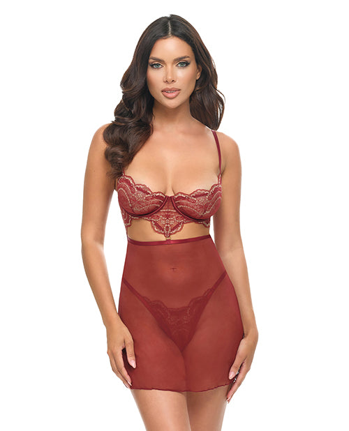 Oh La La Cheri Arielle Unlined Underwire Lace Babydoll w/G-String - Burgundy L/XL