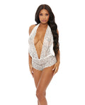 Popsi Lingerie Sheer Lace Deep V Halter Bodysuit w/Open Crotch White MD