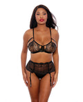 Popsi Lingerie Two Tone Scalloped Lace Bra, High Waist Garter Belt & G-String Black/Silver XL