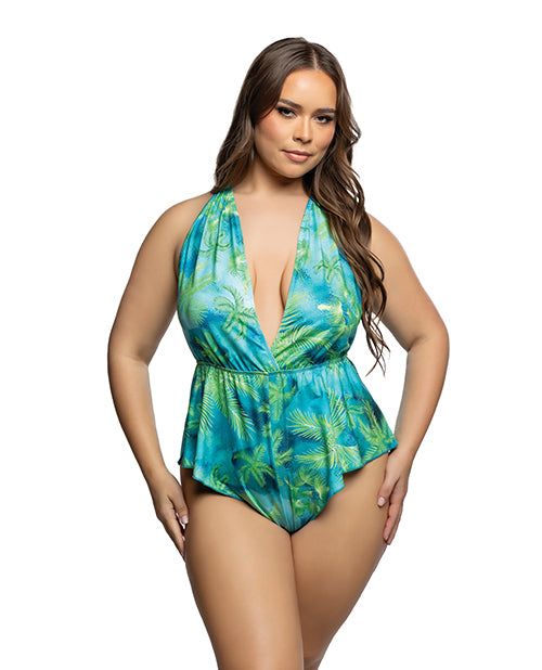 Roma Confidential Tropical Dream Romper w/Jungle Print, Flared Leg Opening, & Cheeky Back - Green/Blue 1X/2X