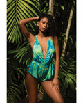 Roma Confidential Tropical Dream Romper w/Jungle Print, Flared Leg Opening, & Cheeky Back - Green/Blue L/XL - Image 3