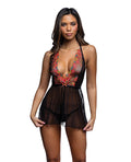 Roma Confidential Midnight Rose Multicolor Floral Embroidered Lace Baby Doll - Black/Hot Pink XL