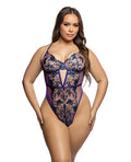 Roma Confidential Electric Shimmer Metallic Two-Tone Floral Embroidered Lace & Satin Teddy - Violet 1X