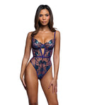 Roma Confidential Electric Shimmer Metallic Two-Tone Floral Embroidered Lace & Satin Teddy - Violet LG