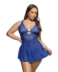 Roma Confidential Enchanted Dream Lace & Mesh Baby Doll w/Chantilly Stretch Thong - Cobalt Blue 1X/2X