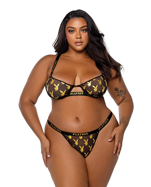 Playboy by Roma Playboy Gold Foil Mesh & Satin Bralette w/Thong 2 pc Set - Black/Gold 1X