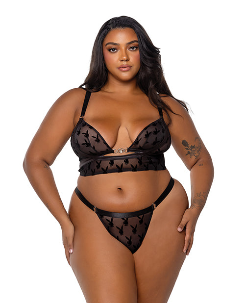 Playboy by Roma Playboy Bunny Charm Mesh Bralette w/Thong 2 pc Set - Black 1X