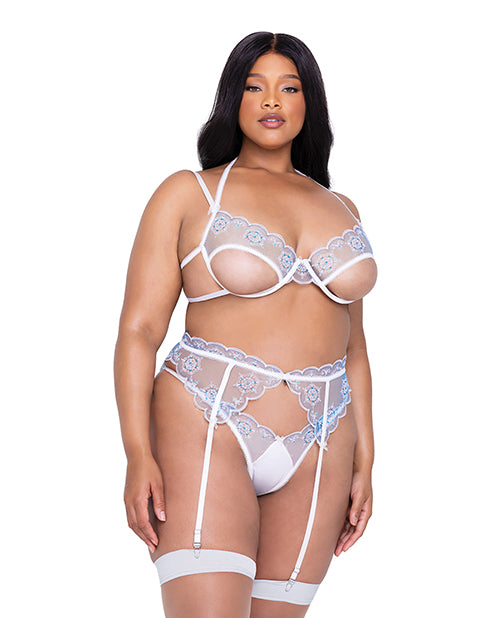 Roma Confidential Holiday Snow Queen Metallic Snowflake Embroidered Bra & High Waisted Thong Blue/White 1X