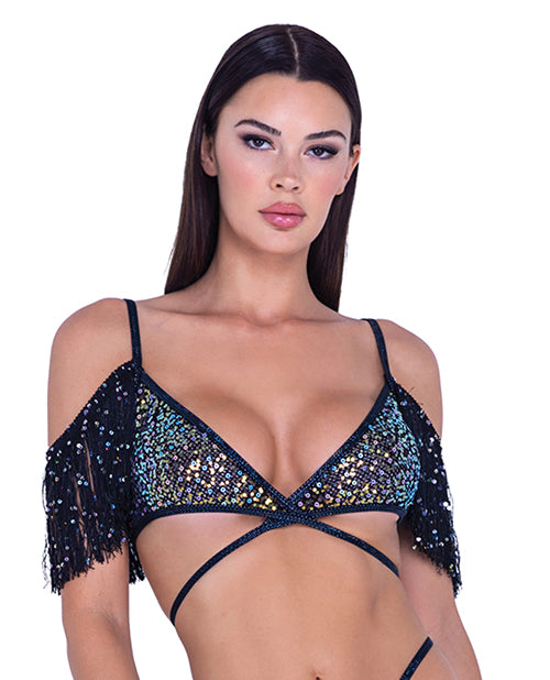 Roma Confidential Sequin Fishnet Fringe Top - Black/Multi SM