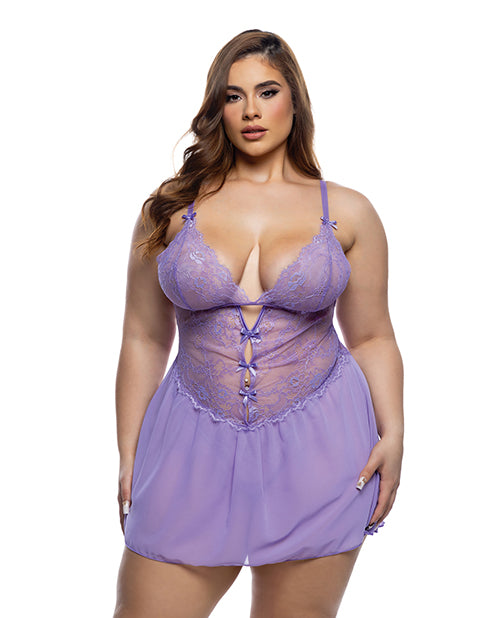 Roma Confidential Paradise Dream Lace and Mesh Babydoll w/Thong - Lilac 1X/2X