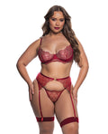 Roma Confidential Beaded Belle Metallic Embroidered w/Bead Lace Top, Thong & Garter 3 pc Set - Red 1X - Image 2