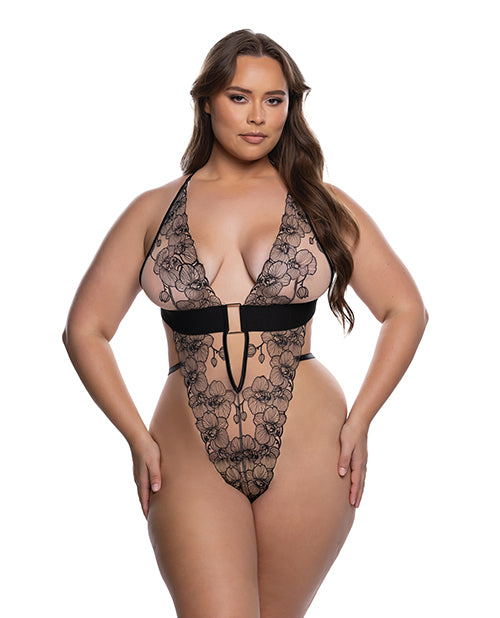 Roma Confidential Orchid Blossom Embroidered Teddy - Black/Nude 1X