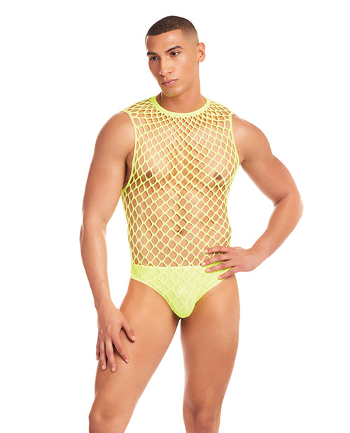 Rene Rofe and Pink Lipstick Rainbow Party Full Effect Large Mesh Unitard 2 pc Set w/Thong - Yellow S/M