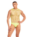 Rene Rofe and Pink Lipstick Rainbow Party Full Effect Large Mesh Unitard 2 pc Set w/Thong - Yellow S/M
