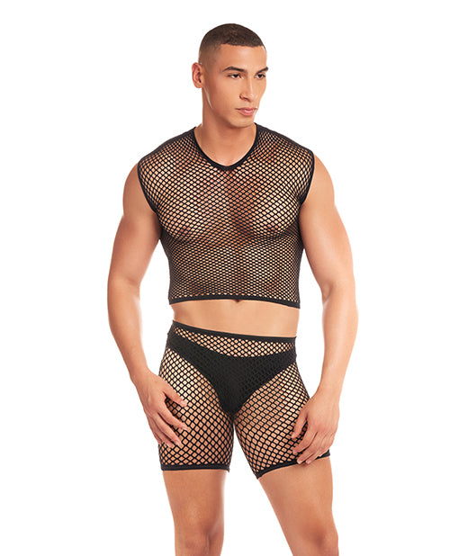 Rene Rofe and Pink Lipstick Rainbow Party Net-Bula Large Mesh Long Brief 3 pc Set w/Thong - Black S/M