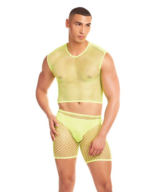 Rene Rofe and Pink Lipstick Rainbow Party Net-Bula Large Mesh Long Brief 3 pc Set w/Thong - Yellow L/XL