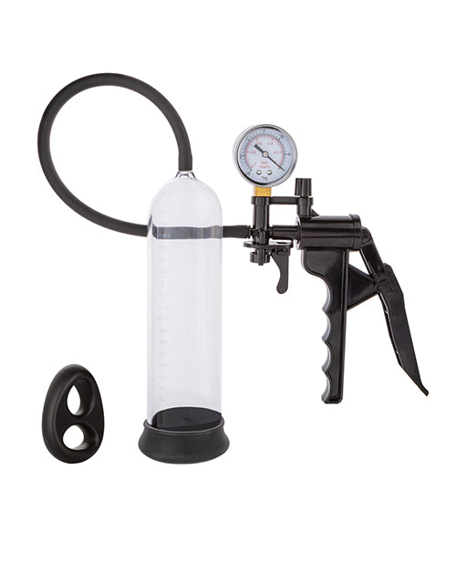 Peak Peak Magnified Gauged Penis Pump System w/Cock & Ball Ring - Black