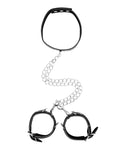 Ouch Shots Ouch Black & White Bonded Leather Collar w/Hand Cuffs - Black - Image 3