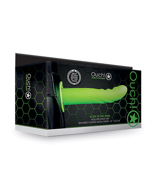 Ouch Shots Ouch 8" Textured Curved Hollow Strap On - Glow in the Dark